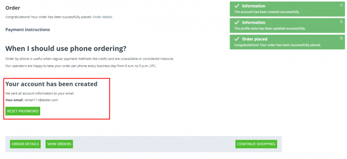 Automatic User Account Creation: Show password on the checkout complete page is off