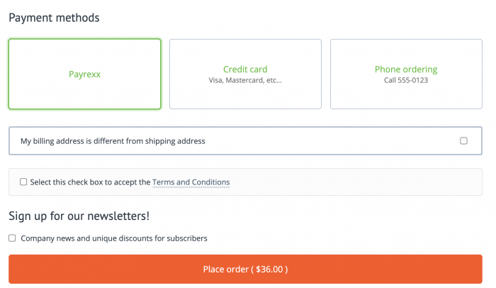 CS-Cart checkout page with Payrexx payment method