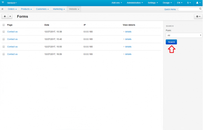 Search forms in Admin Panel