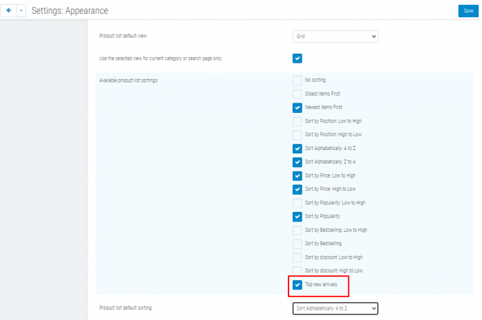 Extended Sorting Settings: Appearance settings in the store