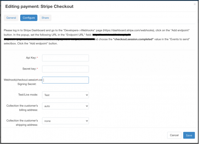 The settings of Stripe Checkout CS-Cart module